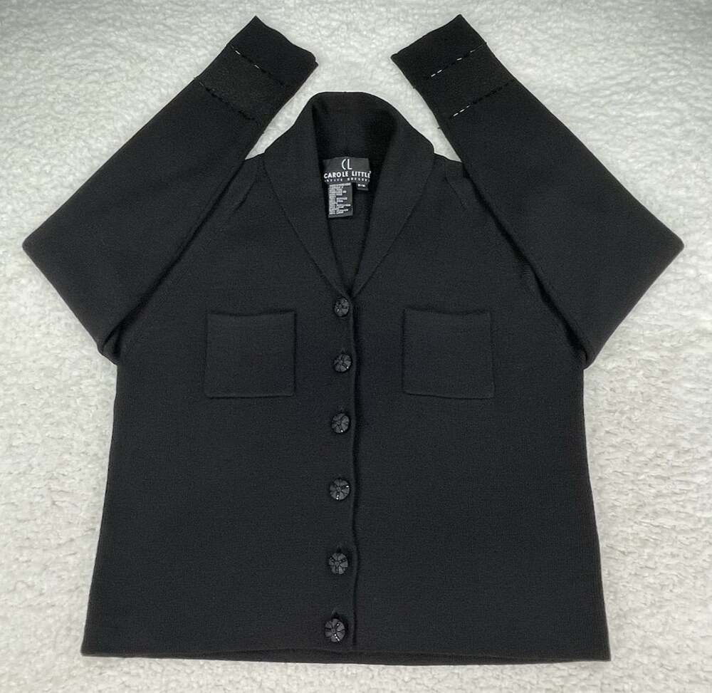 Vintage Carole Little Womens P/M Cardigan Sweater Wool Blend Black Patch Pockets
